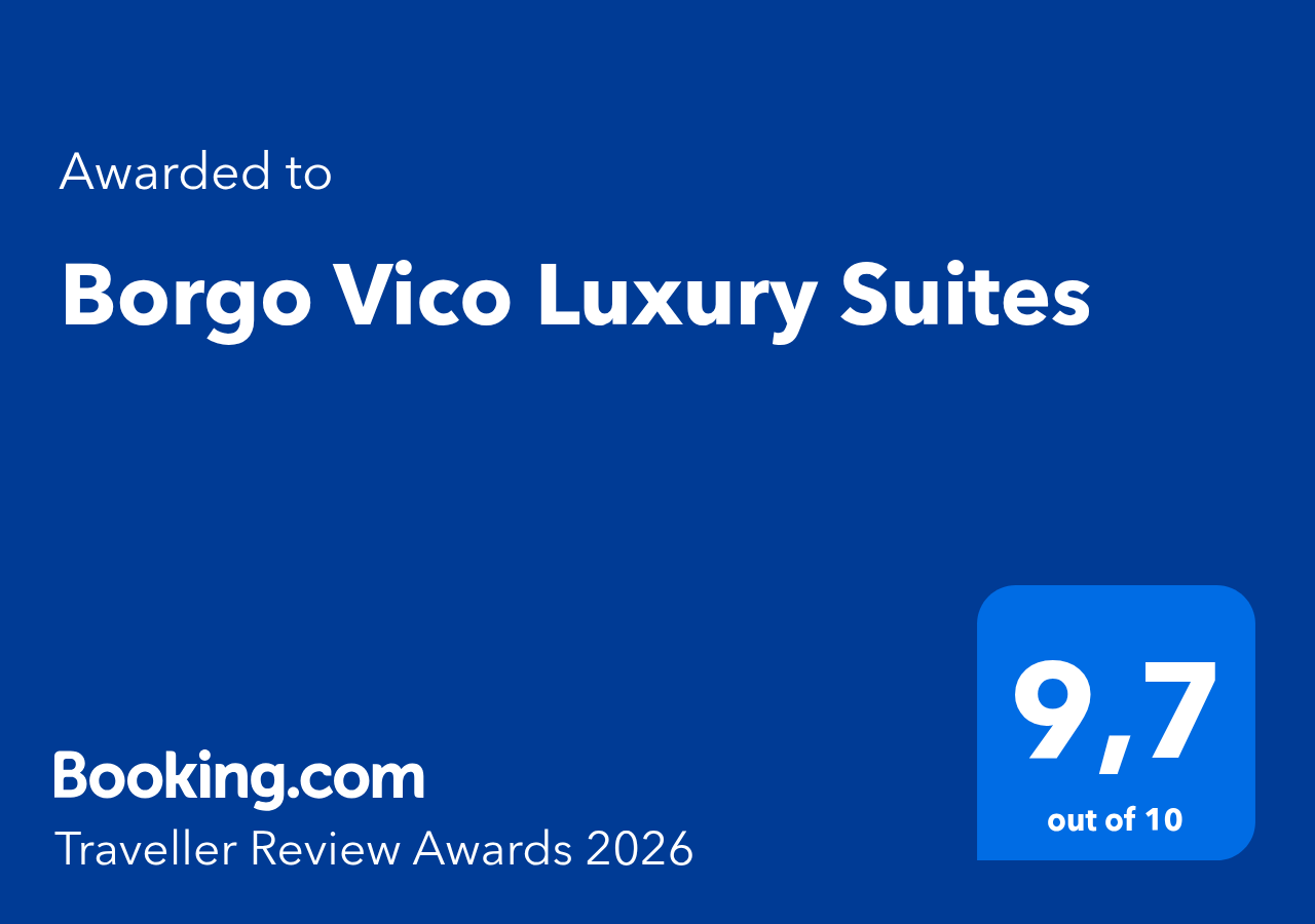 Booking.com Traveller Review Awards 2026 certificate for Borgo Vico Luxury Suites, with a guest review score of 9.7 out of 10.